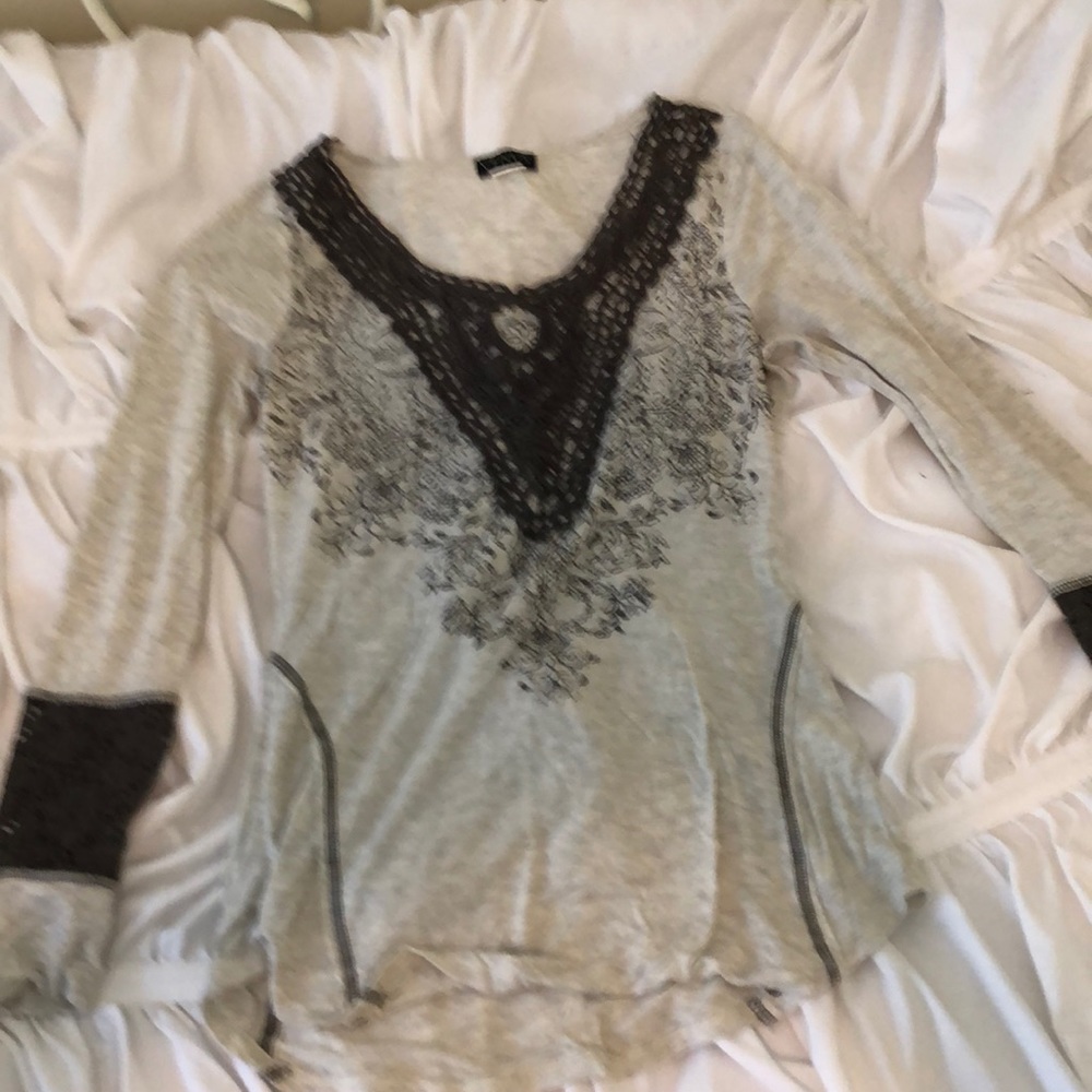 Off white, long sleeve, lace neck and sleeve shirt
